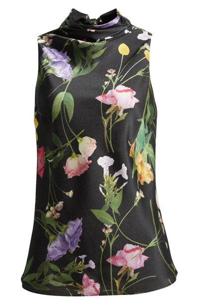 Shop Ted Baker Demitri Floral Sleeveless Cowl Neck Mesh Top In Black