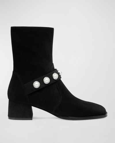 Shop Stuart Weitzman Portia Suede Pearly Ankle Boots In Black
