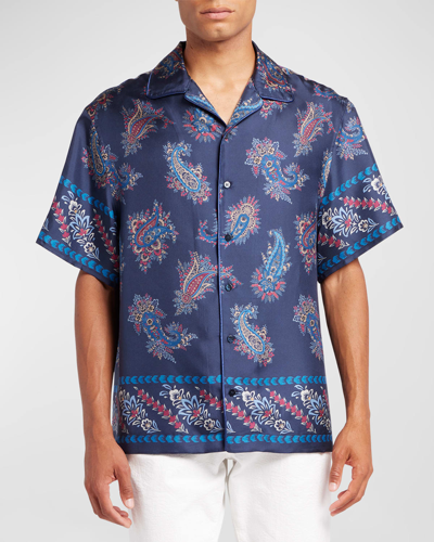 Shop Etro Men's Oversized Paisley Camp Shirt In Print On Blue Bas