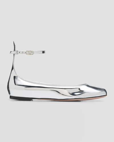 Shop Valentino Vlogo Metallic Leather Ballerina Flats In Silver