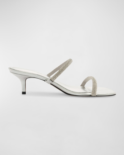 Shop Schutz Taliah Crystal Metallic Two-band Slide Sandals In Silver