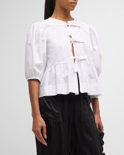 Shop Ganni Poplin Front-tie Peplum Blouse With Puffed-sleeves In White