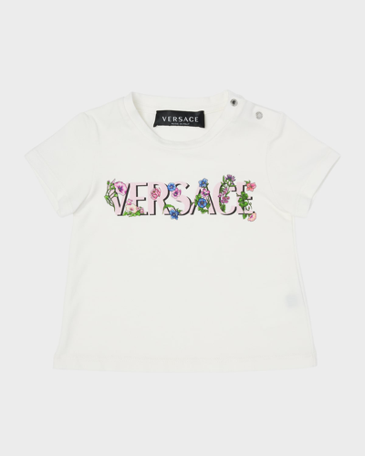 Shop Versace Girls Floral Logo Cotton Jersey T-shirt In Whitemulticolor