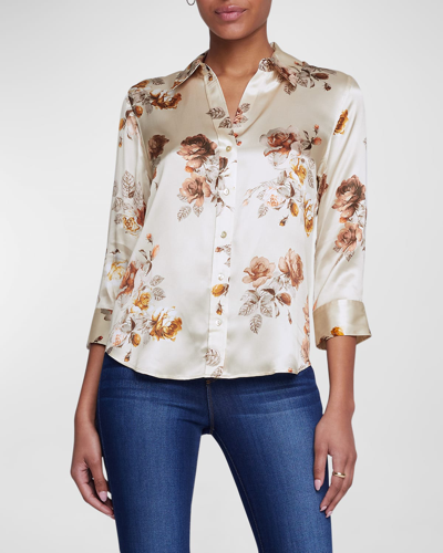Shop L Agence Dani Floral-print Silk Shirt In Green Jasper Mlti
