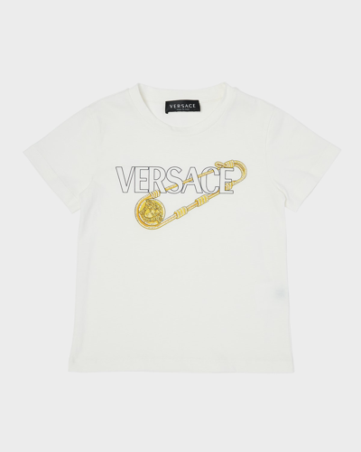 Shop Versace Girl's Logo Pin-print Cotton Jersey T-shirt In Whiteblackgold
