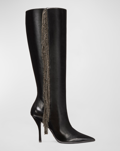 Shop Stuart Weitzman Leather Crystal Fringe Knee Boots In Black/black Diamo