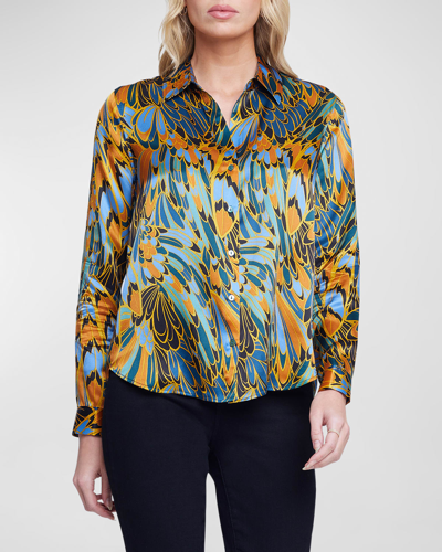 Shop L Agence Tyler Parrot Feather Printed Silk Blouse In Blue Multi Parrot