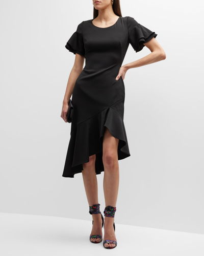 Shop Black Halo Ruiz Flutter-sleeve High-low Midi Dress In Black