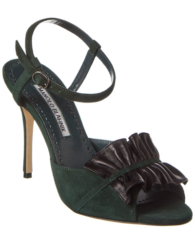 Shop Manolo Blahnik Khedni 105 Suede & Leather Sandal In Green