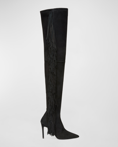 Shop Stuart Weitzman Ultrastuart Over-the-knee Suede Fringe Boots In Black