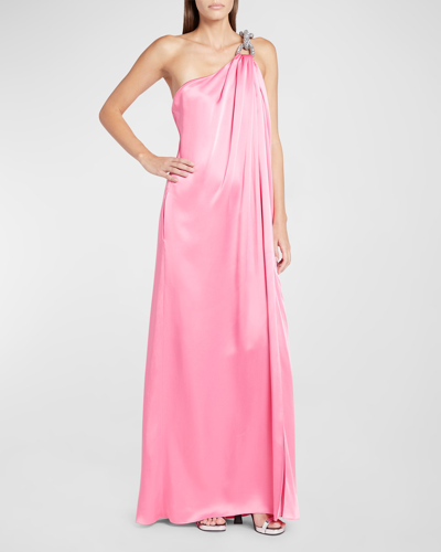 Shop Stella Mccartney Falabella One-shoulder Gown With Crystal Detail In 5560 Bright Pink