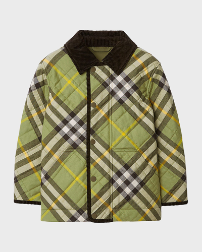 Shop Burberry Boy's Grayson Check Quilted Jacket In Artichoke Ip Chk