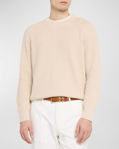 Shop Brunello Cucinelli Men's Cotton Ribbed Crewneck Sweater In Beige