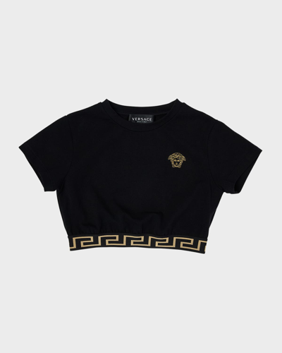 Shop Versace Girl's Medusa Embroidery Cropped T-shirt In Blackgold