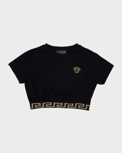 Shop Versace Girl's Medusa Embroidery Cropped T-shirt In Blackgold