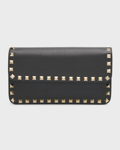 Shop Valentino Rockstud Leather Wallet On Chain In Nero