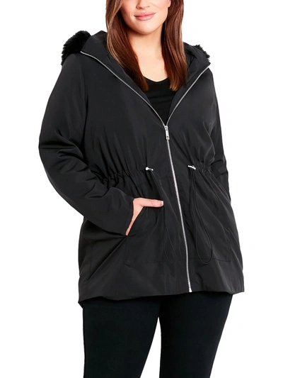 Shop Evans Plus Womens Faux Fur Trim Lightweight Anorak Jacket In Black