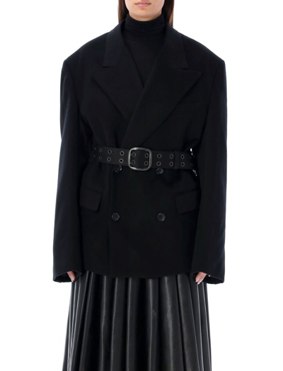 Shop Junya Watanabe Belted Waist Double Breasted Coat In Black
