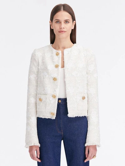 Shop Oscar De La Renta Gardenia Embroidered Tweed Jacket In Ivory/white