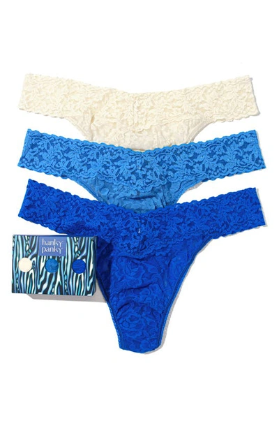 Shop Hanky Panky Assorted 3-pack Lace Original Rise Thongs In Ivory/ Forget Me Not/ Sapphire