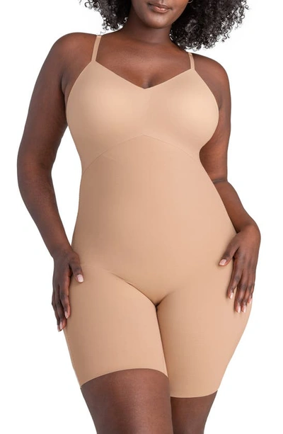 Shop Honeylove Low Back Mid Thigh Bodysuit In Sand