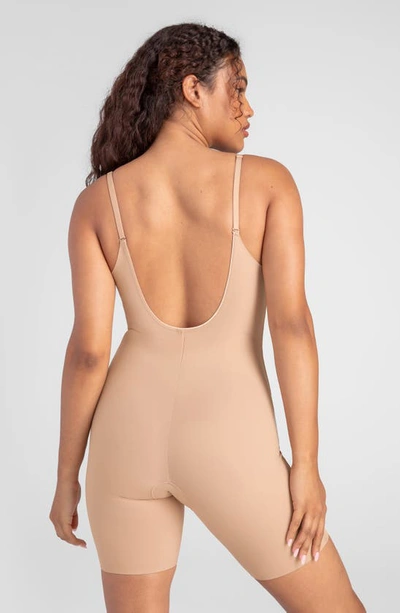Shop Honeylove Low Back Mid Thigh Bodysuit In Sand