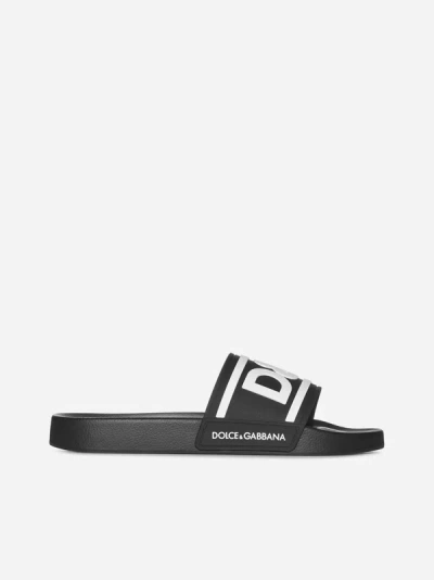 Shop Dolce & Gabbana Logo Rubber Slides In Black,white