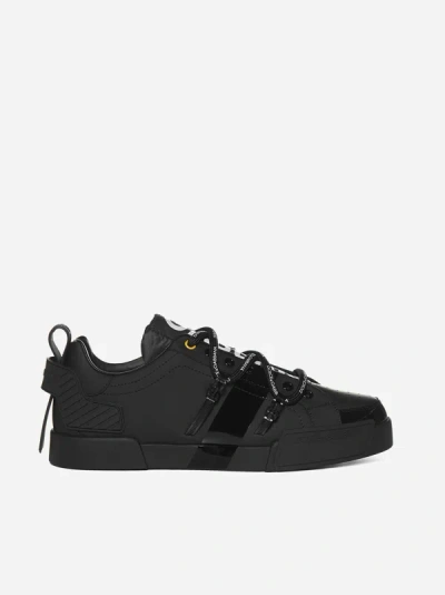 Shop Dolce & Gabbana Portofino Leather And Patent Sneakers In Black,white