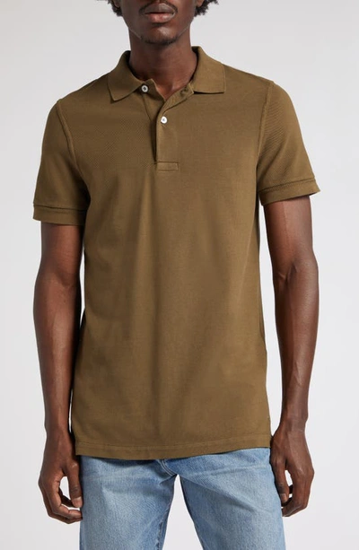 Shop Tom Ford Short Sleeve Cotton Piqué Polo In Deep Olive