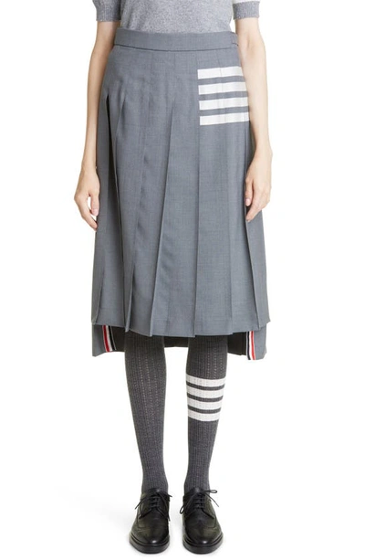 Thom Browne Gray Plain Weave 4-bar Pleated Midi Skirt In Medium Grey