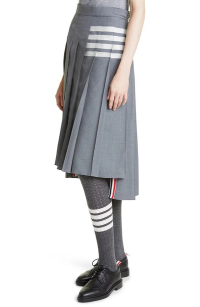Thom Browne Gray Plain Weave 4-bar Pleated Midi Skirt In Medium Grey