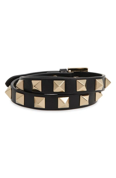 Shop Valentino Rockstud Double Wrap Leather Bracelet In 0no Nero