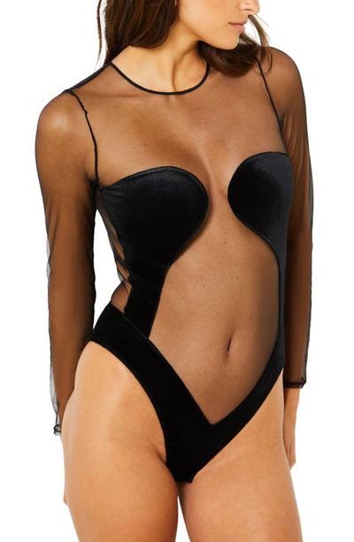Shop Etam Intrigante Long Sleeve Mesh & Velvet Bodysuit In Black