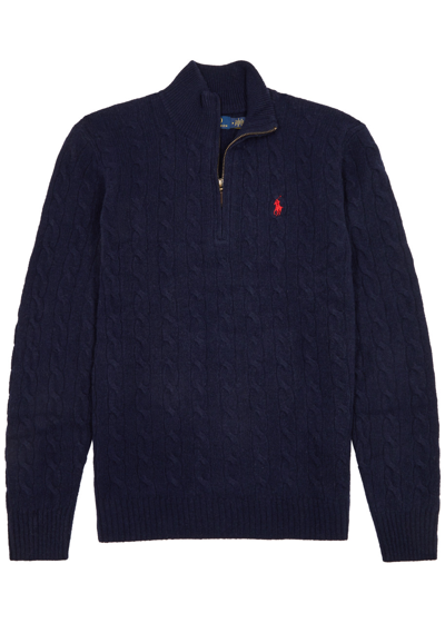 Shop Polo Ralph Lauren Half-zip Cable-knit Wool-blend Jumper In Navy