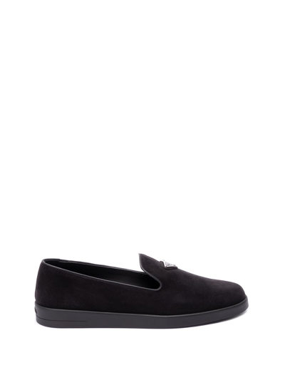 Prada Versatile Round Toe Suede Loafers In Black  