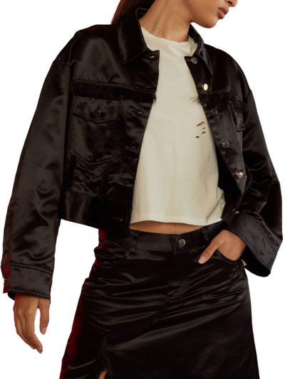 Shop Cynthia Rowley Women's Frayed Satin Trucker Jacket In Black