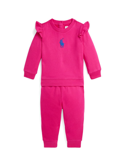 Shop Polo Ralph Lauren Baby Girl's Polo Pony Ruffle-trim Sweatsuit In Bright Pink Blue