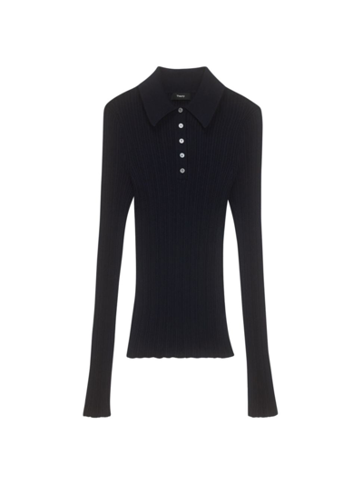 Shop Theory Women's Wool-blend Rib-knit Slim-fit Polo Shirt In Black