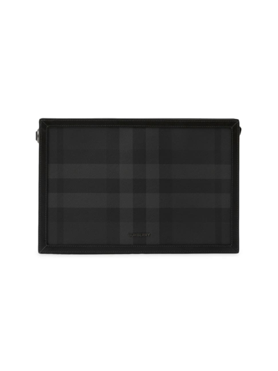 Shop Burberry Men's Check Frame Pouch In Charcoal
