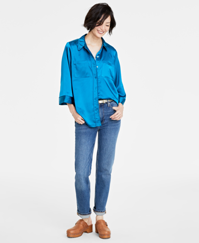 Shop On 34th Women's Satin Pajama Top, Created For Macy's In Blue Jade
