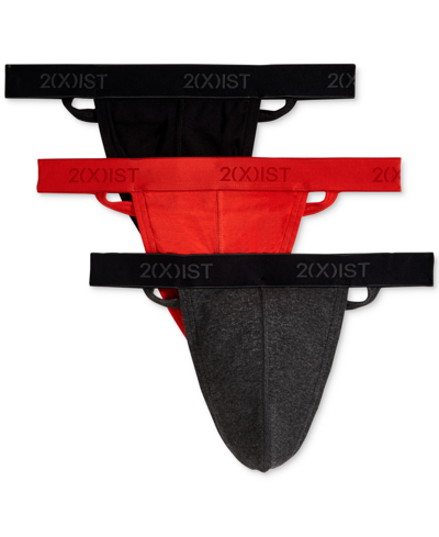 2(x)ist Men's 3-pk. Cotton Essential Y-back Thongs In Black,charcoal Heather,poppy Red