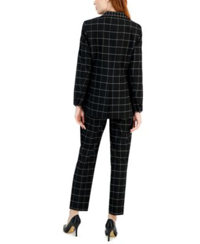 Shop Anne Klein Womens Mid Rise Grace Pants Pleated Harmony Knit Top Plaid One Button Blazer In Anne Black,bright White