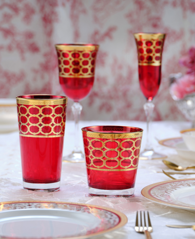 Lorren Home Trends Deep Red Colored High Ball With Gold-tone Rings, Set Of 4 In Red
