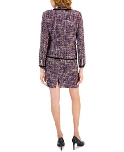 Shop Tahari Asl Womens Velvet Trim Double Breasted Tweed Blazer Short Sleeve Mock Neck Top Boucle Pencil Skirt In Plum Black