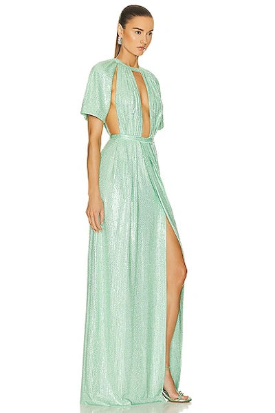 Area Crystal Embellished Flutter Sleeve Gown In Mint