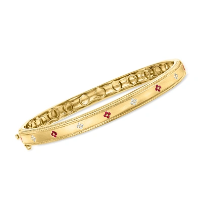 Ross-simons Ruby And Diamond-accented Flower Bangle Bracelet In 18kt Gold Over Sterling In Multi