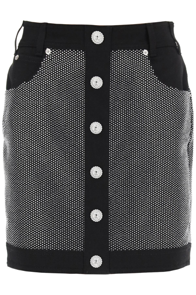 Shop Balmain Rhinestone-studded Denim Mini Skirt Women In Black