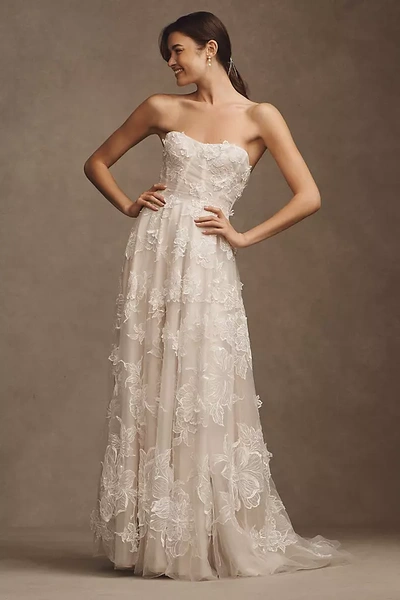 Shop Watters Arien Strapless Corset Floral Appliqué A-line Wedding Gown In White