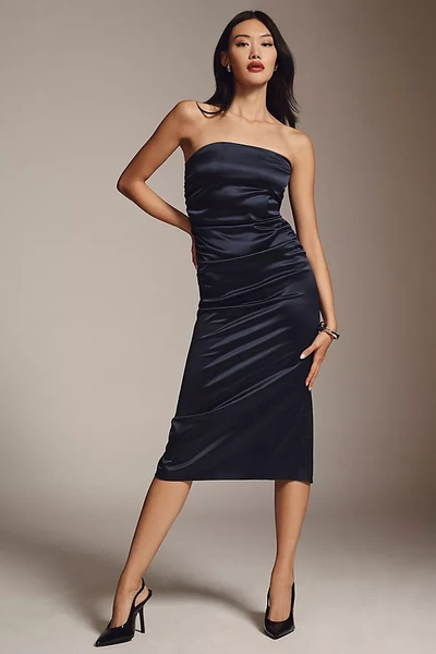 Shop Bhldn Selena Strapless Stretch Satin Midi Dress In Blue