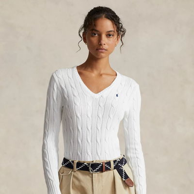 Shop Ralph Lauren Cable-knit Cotton V-neck Jumper In White